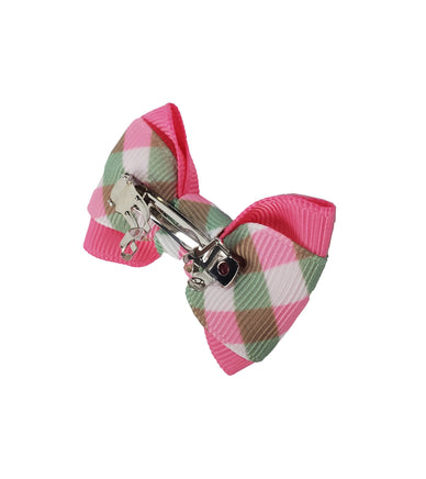 Plaid bow hair clip with pink and green pattern on a white background