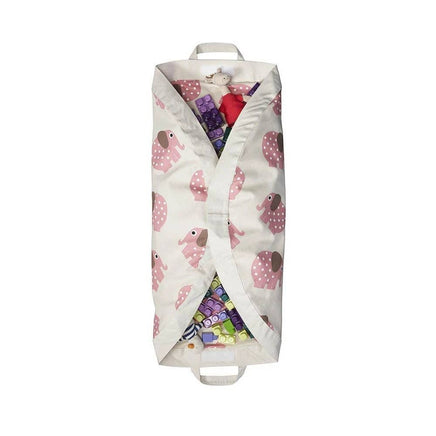 Foldable toy storage bag with pink  elephant pattern on a white background