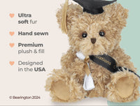 Graduation-themed teddy bear with a cap and tassel on a light background, featuring text about product details.