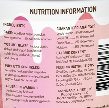 Dog cake in a cup packaging with nutrition information and ingredients listed.