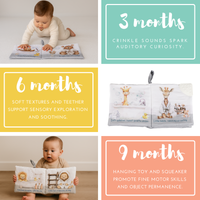 Collage of a baby reading books at 3, 6, and 9 months with text describing developmental benefits.