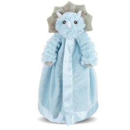 Blue plush dragon toy with a blanket on a white background