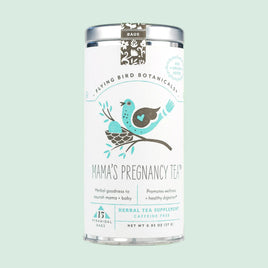 Canister of 'Mama's Pregnancy Tea' by Flying Bird Botanicals on a light green background