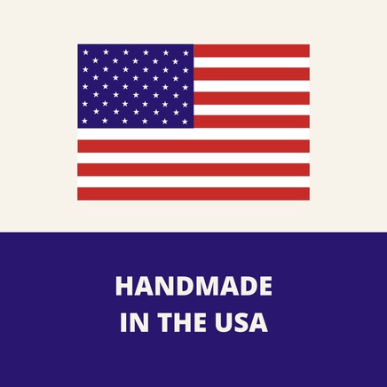 American flag with 'Handmade in the USA' text on a blue background