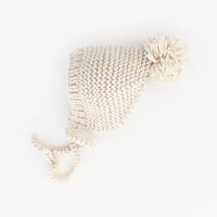 Baby Pom Hat / Bonnet Style Baby Hat / Hand Knit / Natural