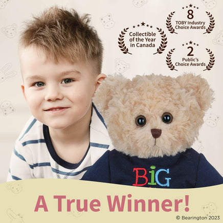 Child with a teddy bear wearing a shirt with 'Big' on it, surrounded by award logos and text.