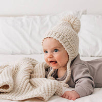 Baby Pom Hat / Bonnet Style Baby Hat / Hand Knit / Natural