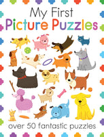 Children's book cover titled 'My First Picture Puzzles' with illustrations of dogs and colorful shapes.