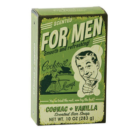 Vintage-style soap packaging for men with a green and white design.