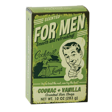 Vintage-style soap packaging for men with a green and white design.