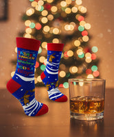 Two socks with colorful designs and text on a white background