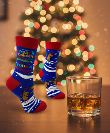 Two socks with colorful designs and text on a white background