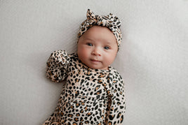 Baby Girl Knotted Gown & Bow Set -  Leopard