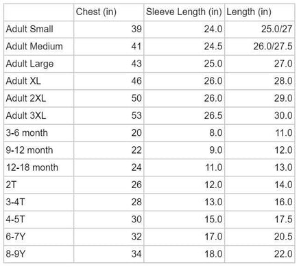 Table displaying measurements for shirts in various sizes.