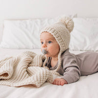 Baby Pom Hat / Bonnet Style Baby Hat / Hand Knit / Natural