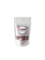Bag of colorful sprinkles with 'Pupfetti' branding on a white background