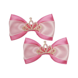 Dog Hair Bow Clips w/Tiaras / Pink & White / Set of 2