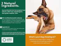 Dog chewing on a bone with product information text on a white background