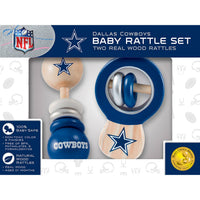 Dallas Cowboys baby rattle set packaging with two wooden rattles and NFL branding.