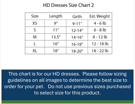 Barker's Bowtique HD Dresses Size Chart 2 on a white background