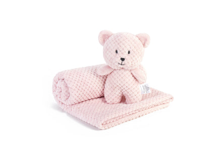 Pink teddy bear and blanket set on a white background