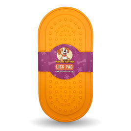 Orange dog lick pad with a purple label on a white background