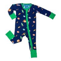 Children's onesie with space-themed print on a white background