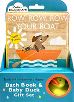 Bath book and baby duck gift set with wooden cover and colorful packaging.