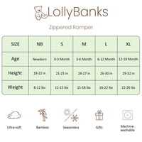 Lolly Banks zippered romper size chart with age, height, and weight ranges.
