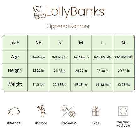 Lolly Banks zippered romper size chart with age, height, and weight ranges.