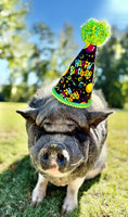 Pig wearing a colorful party hat with 'Happy Birthday' text on grass
