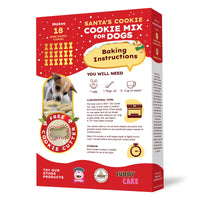 Dog cookie mix packaging with baking instructions and a cookie cutter on a white background