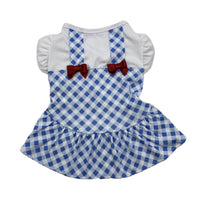 blue gingham dog dress with cute suspenders and 2  little read accent bows. 