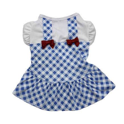 blue gingham dog dress with cute suspenders and 2  little read accent bows. 