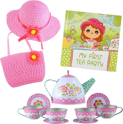 Children's tea party set with pink hat, bag, teapot, cups, and saucers, featuring a book titled 'My First Tea Party'.