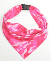 A Pink Camo Print dog bandana with a buckle clip. various sizes. 