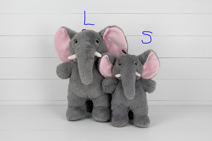 Two gray plush elephants with pink ears on a white background