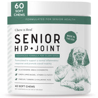 Package of Chew + Heal Senior Hip + Joint supplement for dogs on a white background
