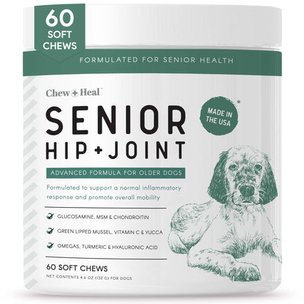 Package of Chew + Heal Senior Hip + Joint supplement for dogs on a white background