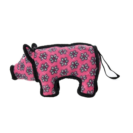 Pink and black patterned dog toy shaped like a pig on a white background