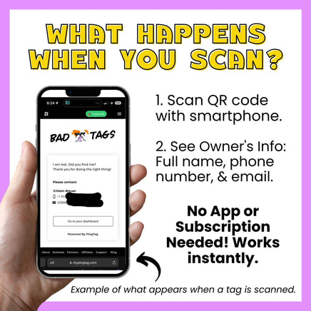 Hand holding a smartphone displaying a QR code scanning app with text explaining the process when you purchase a QR code dog id tag