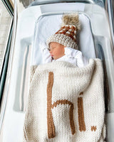 Hand Knit Baby Blanket  - "hI" Baby Blanker - Ivory / Pecan