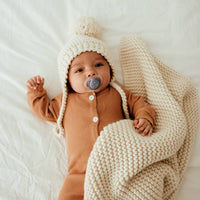 Baby Pom Hat / Bonnet Style Baby Hat / Hand Knit / Natural