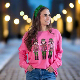 Womens Holiday Nutcracker Sequin Sweatshirt  - Pink