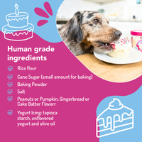 Dog eating from a plate with human-grade ingredients list on a pink and blue background
