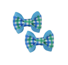 Blue & Green Gingham Dog Bow Clips - Set of 2