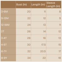 Table showing child clothing size chart with bust, length, and sleeve length measurements.