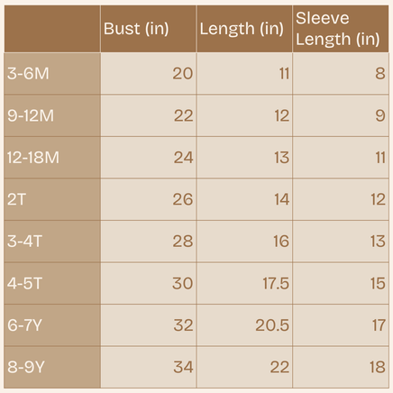 Table showing child clothing size chart with bust, length, and sleeve length measurements.