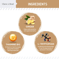 Ingredients of a product with ginger, thiamine (B1), and L-tryptophan listed on a white background.