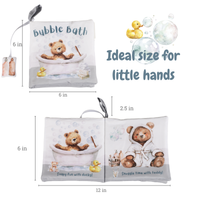 Children's soft book with teddy bear illustrations and measurements on a white background